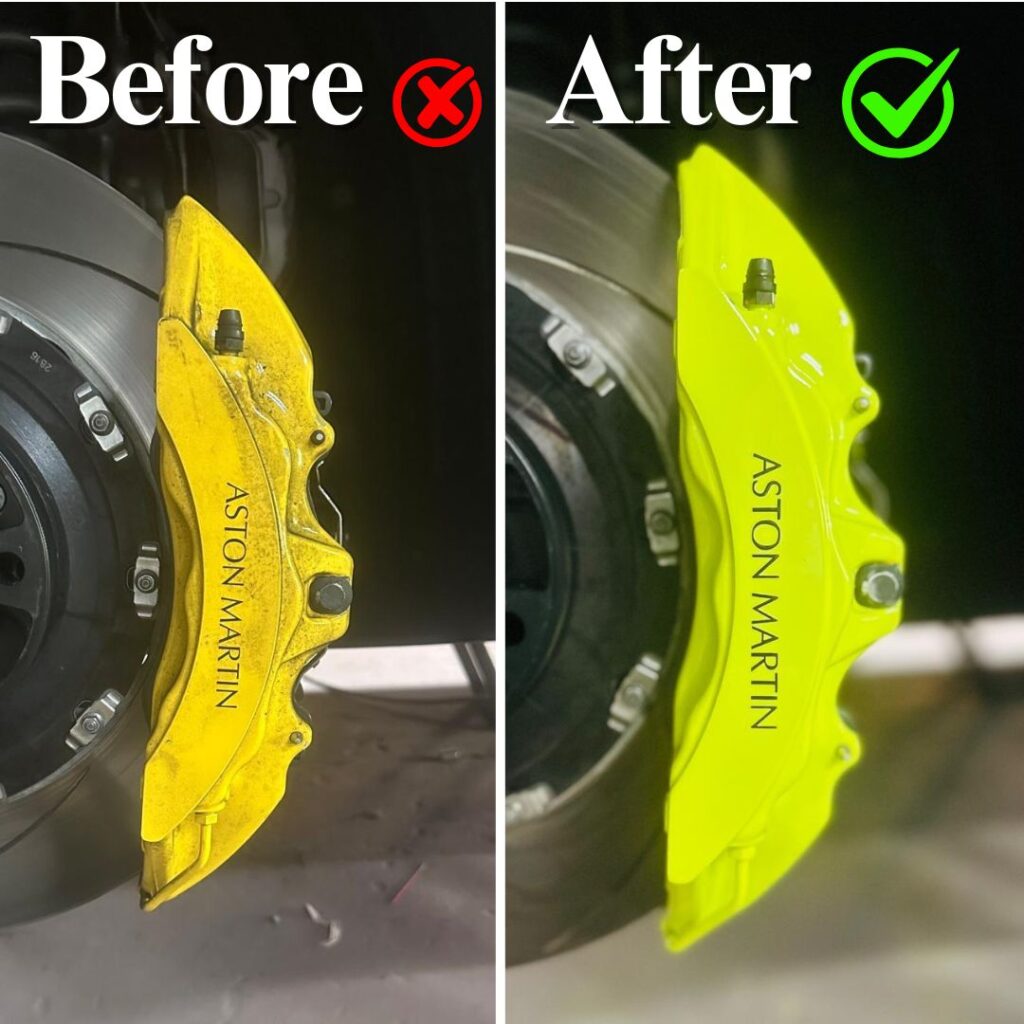 Before-and-after-Yellow-to-acid-green-caliper-Paint-with-black-logo-closeup-aston-martin-vantage-atlanta-ga