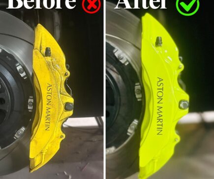 Before-and-after-Yellow-to-acid-green-caliper-Paint-with-black-logo-closeup-aston-martin-vantage-atlanta-ga