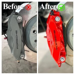 Red Caliper Paint Porsche Panamera 4S – Rims and Calipers Paint Atlanta 2 Before and After Close-up of Porsche Panamera 4S red caliper with black Porsche logo, painted by Rims and Calipers Paint, Atlanta, GA 1