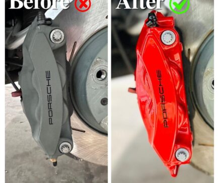 Before and After Close-up of Porsche Panamera 4S red caliper with black Porsche logo, painted by Rims and Calipers Paint, Atlanta, GA 1