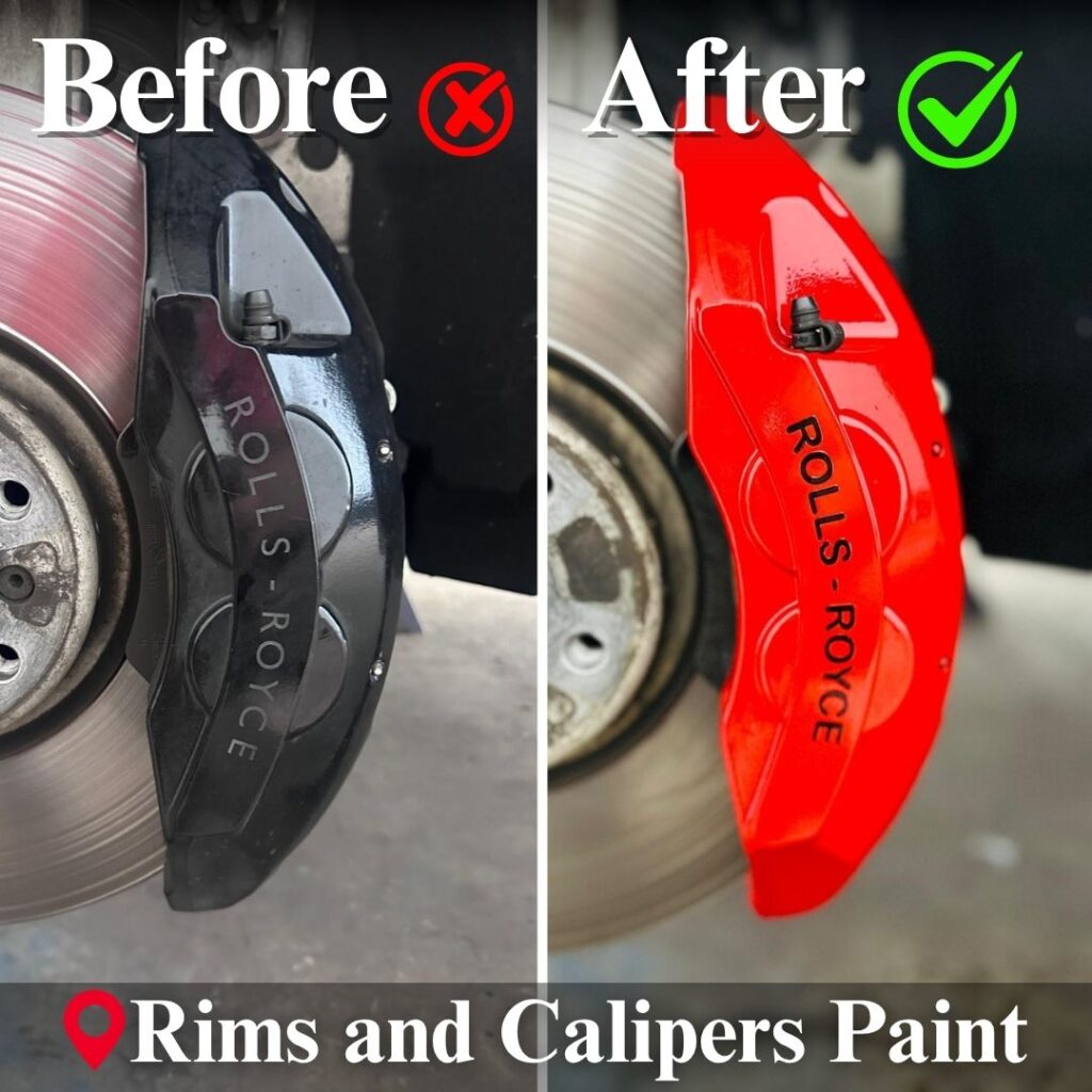 Rolls-Royce Red Brake Caliper Paint Service Before and after Atlanta GA Rims and Calipers Paint