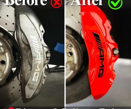Before and After custom red amg brake caliper paint closeup 1